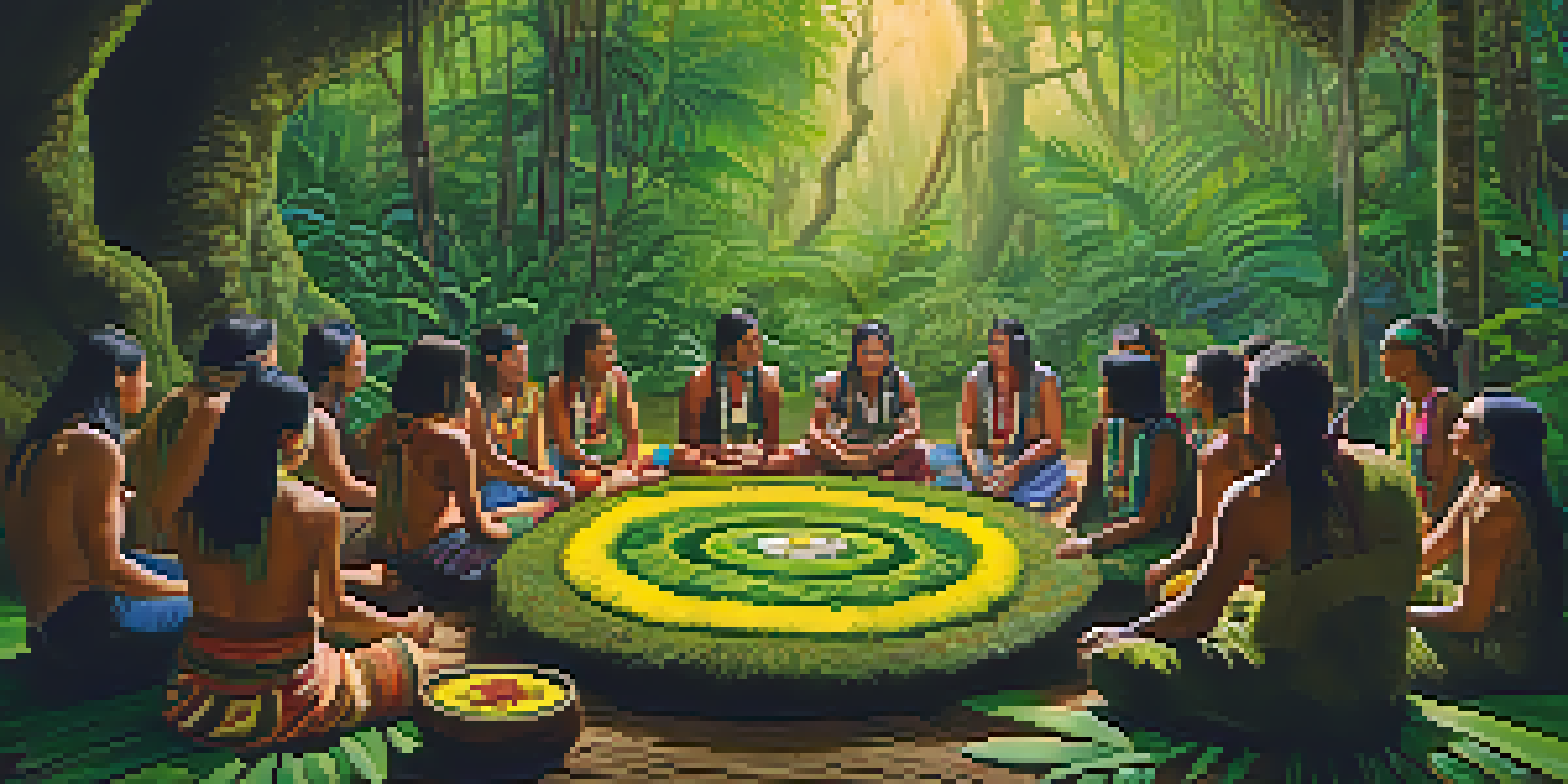 A peaceful scene of Indigenous people participating in a traditional Ayahuasca ceremony in the Amazon rainforest, surrounded by vibrant greenery and soft sunlight.
