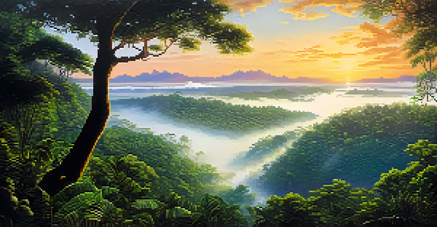 A stunning sunrise over the Amazon rainforest, highlighting the beauty of nature and the sense of interconnectedness.
