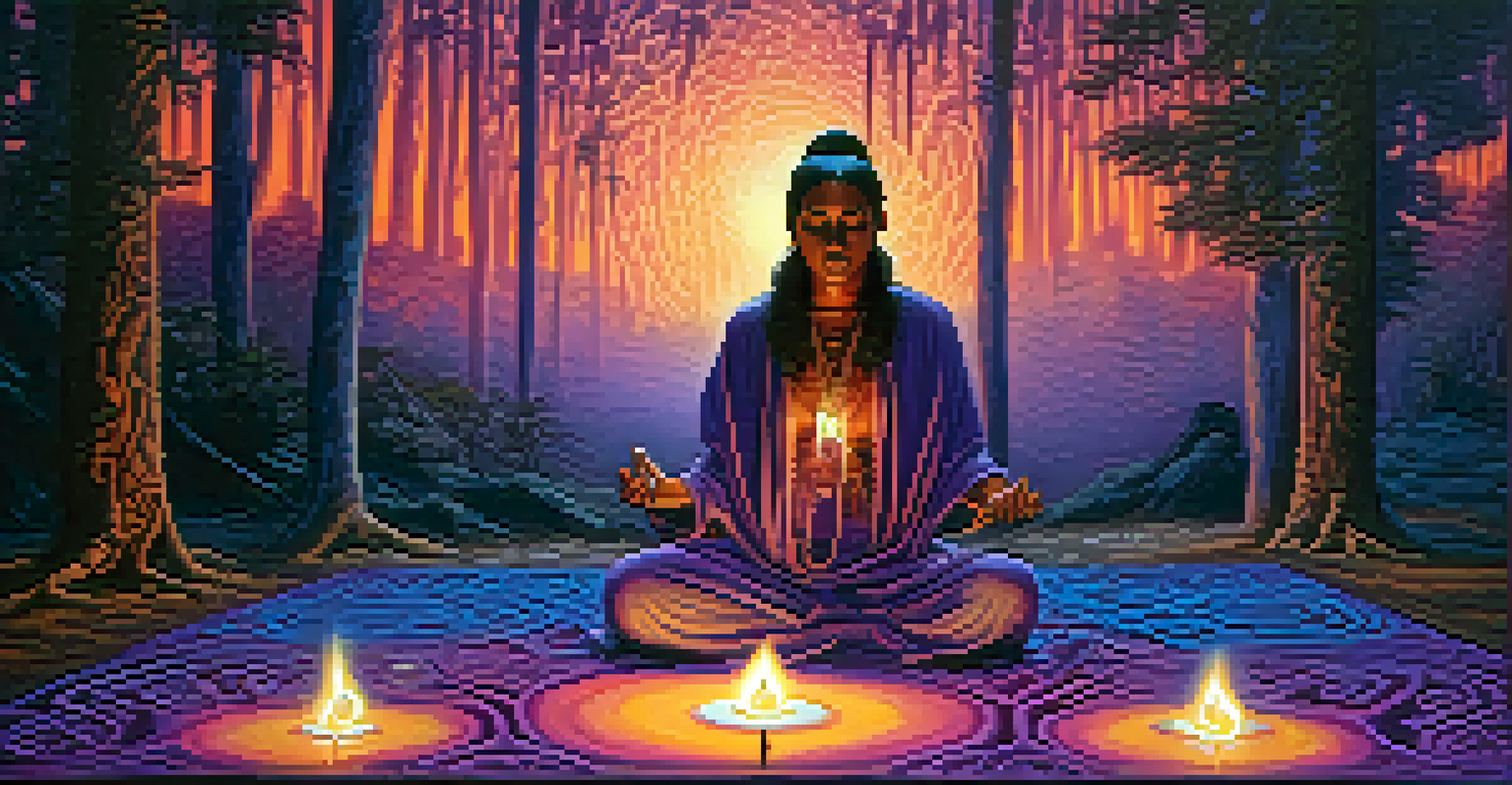 A participant in an Ayahuasca ceremony, sitting peacefully with swirling colors around them, creating a mystical atmosphere.