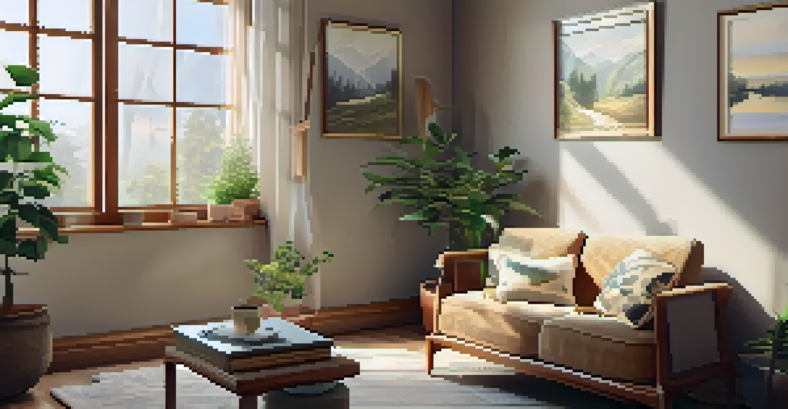 A warm and inviting therapy room with soft lighting, comfortable seating, and a journal on the table.