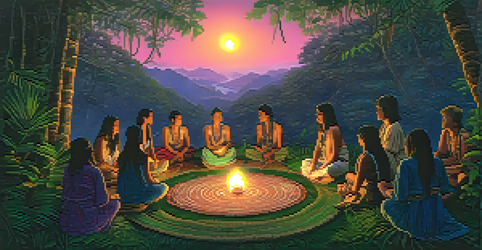 A peaceful scene of an Ayahuasca ceremony in the Amazon rainforest, with participants seated in a circle around a shaman, surrounded by lush greenery and a twilight sky.