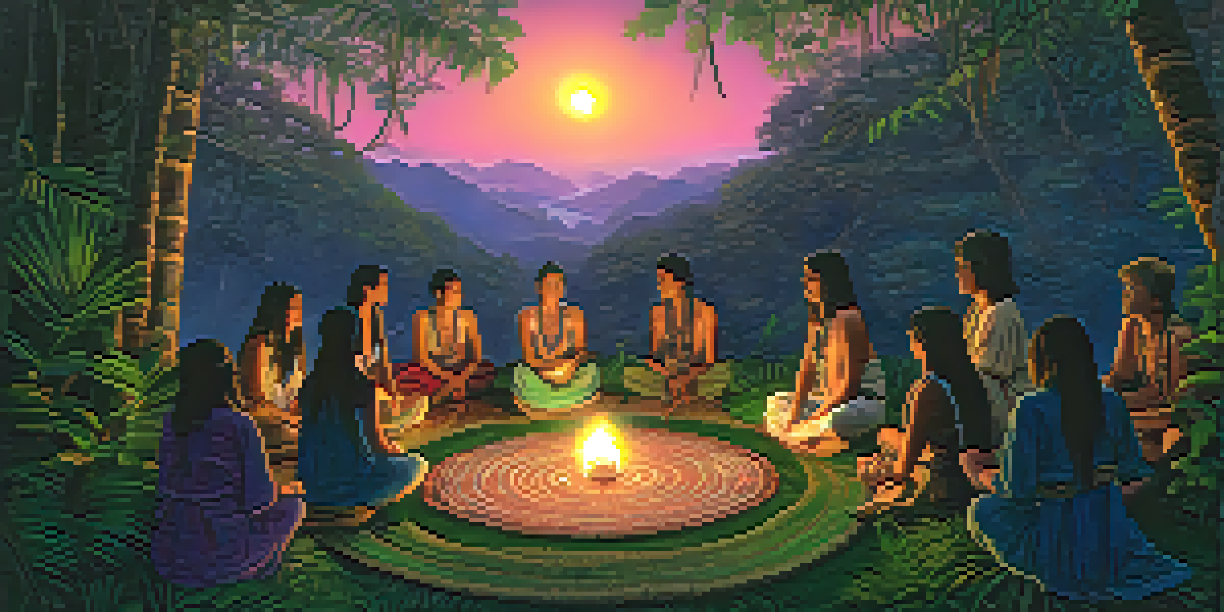 A peaceful scene of an Ayahuasca ceremony in the Amazon rainforest, with participants seated in a circle around a shaman, surrounded by lush greenery and a twilight sky.