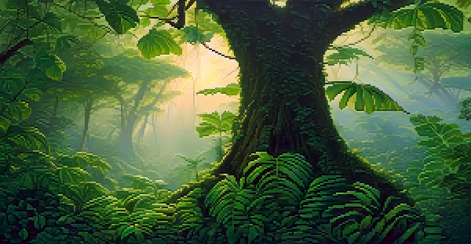 A tranquil Amazonian jungle scene at dawn with intertwining vines and leaves, illuminated by soft morning light.