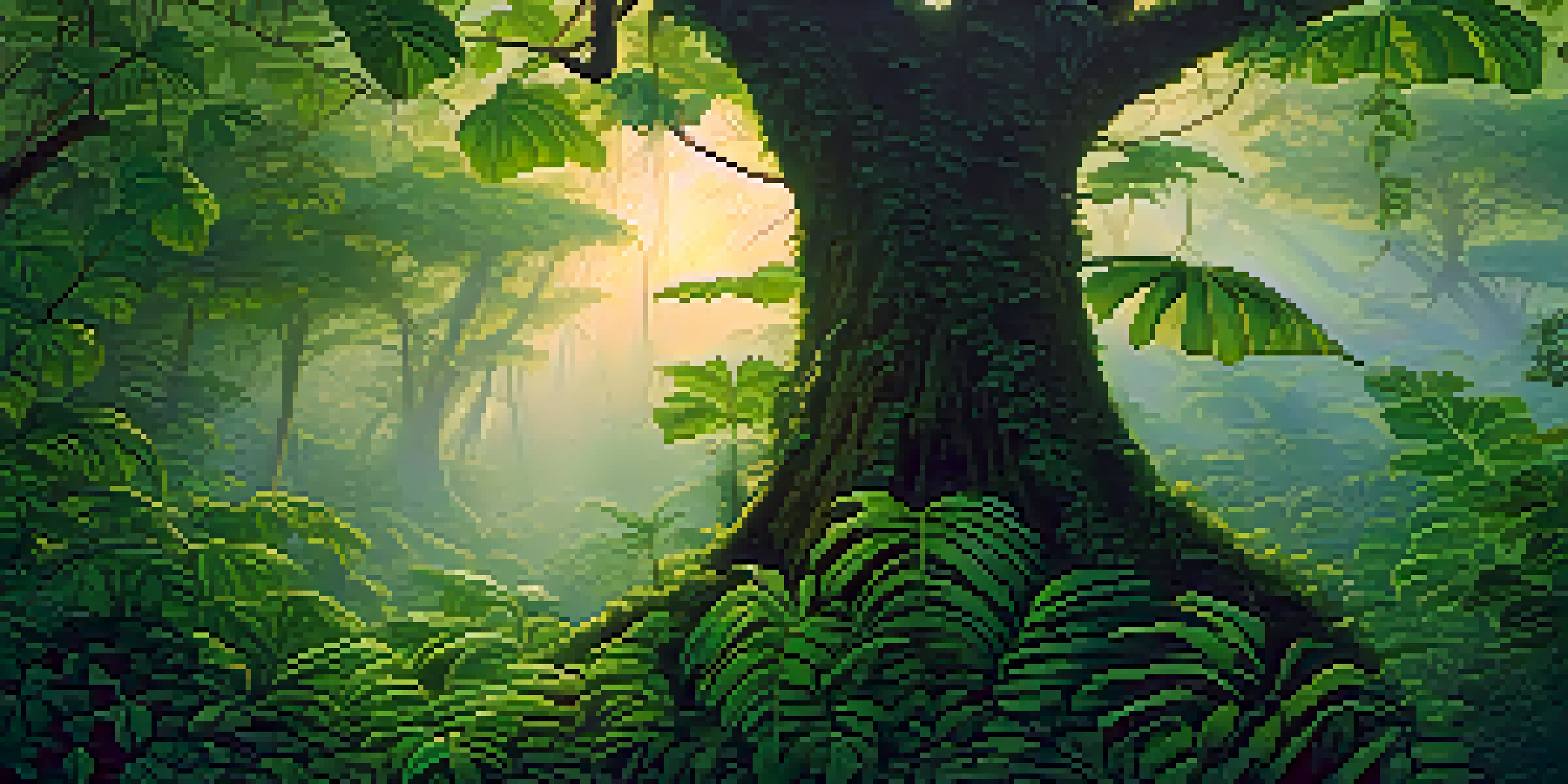 A tranquil Amazonian jungle scene at dawn with intertwining vines and leaves, illuminated by soft morning light.
