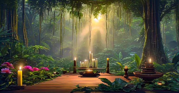 A peaceful Amazon rainforest landscape with a wooden Ayahuasca ceremony altar surrounded by greenery and flowers, illuminated by soft morning light.