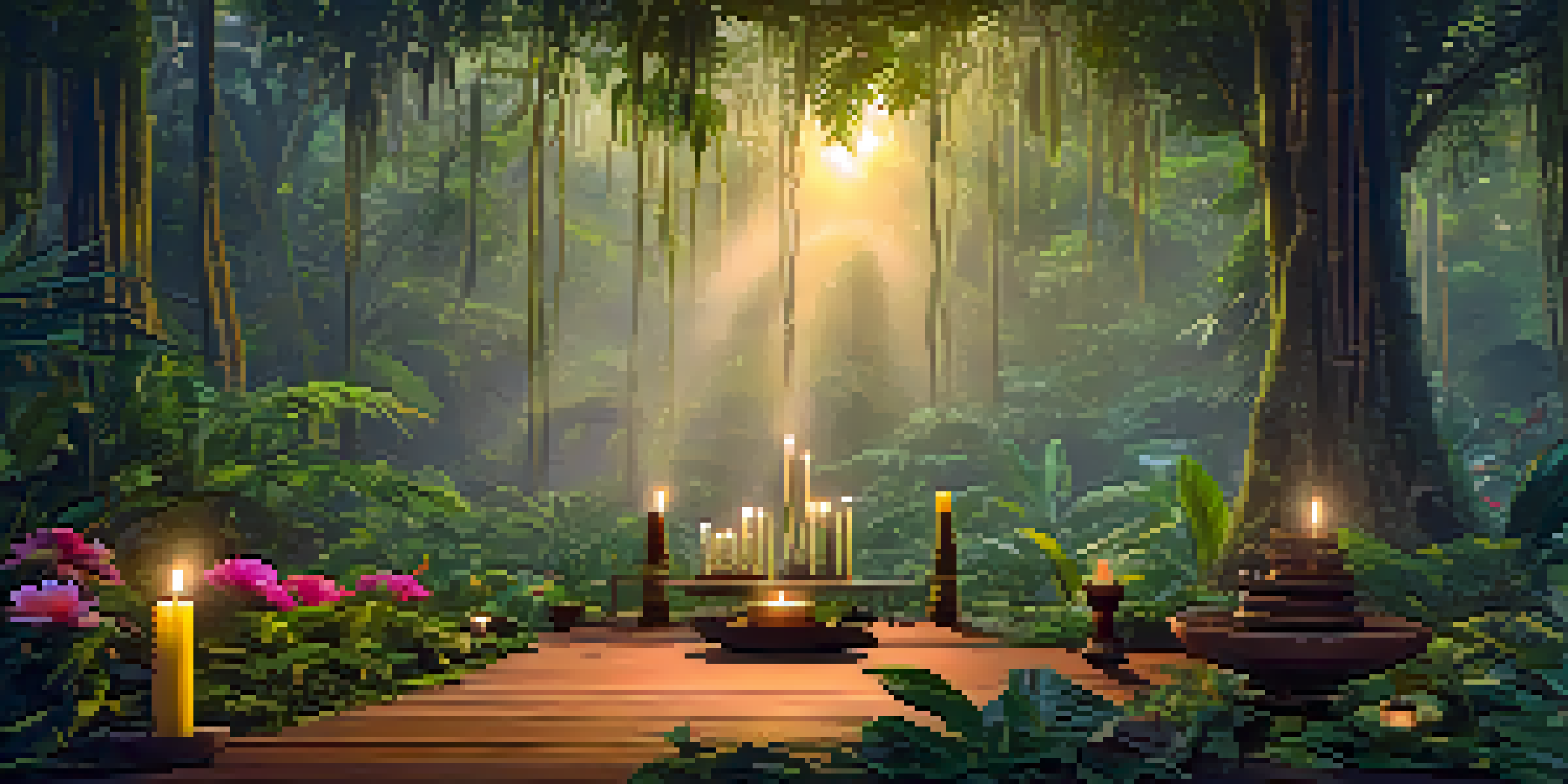 A peaceful Amazon rainforest landscape with a wooden Ayahuasca ceremony altar surrounded by greenery and flowers, illuminated by soft morning light.