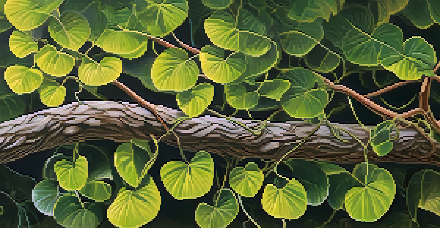 A detailed close-up of the Banisteriopsis caapi vine with textured bark, set against a soft focus of green foliage.