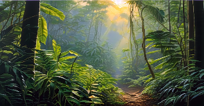 A peaceful Amazon rainforest at dawn, with green vines and soft sunlight filtering through the trees, surrounded by mist.