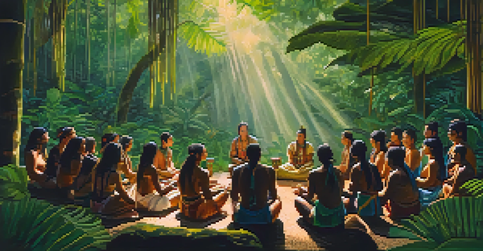 A peaceful scene of an Amazon rainforest with a shaman and participants in a circle during an ayahuasca ceremony, surrounded by lush greenery and soft sunlight.