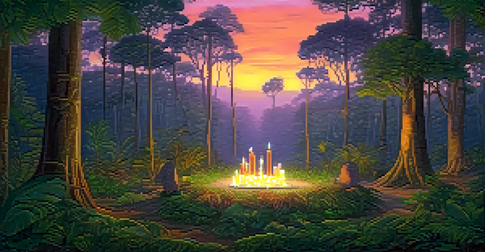 A peaceful Amazon rainforest at dusk featuring a circle of cushions and candles for an Ayahuasca ceremony, with a vibrant sunset sky.