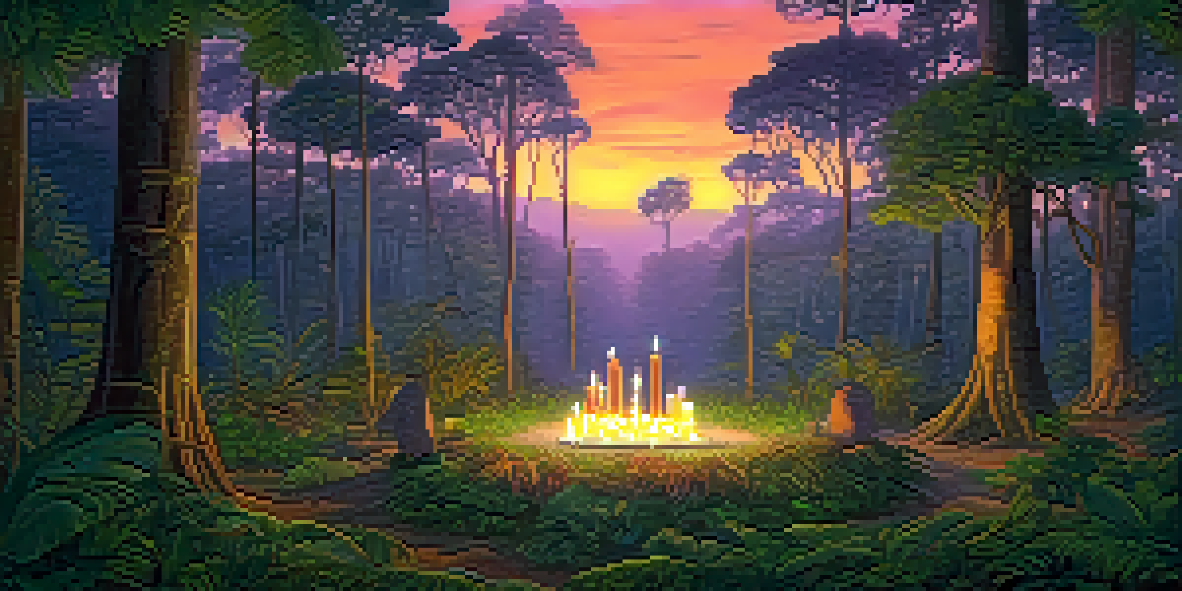 A peaceful Amazon rainforest at dusk featuring a circle of cushions and candles for an Ayahuasca ceremony, with a vibrant sunset sky.