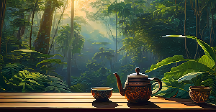 A tranquil scene in the Amazonian jungle at dawn featuring a traditional ayahuasca brew on a wooden table surrounded by lush tropical plants, illuminated by soft sunlight.