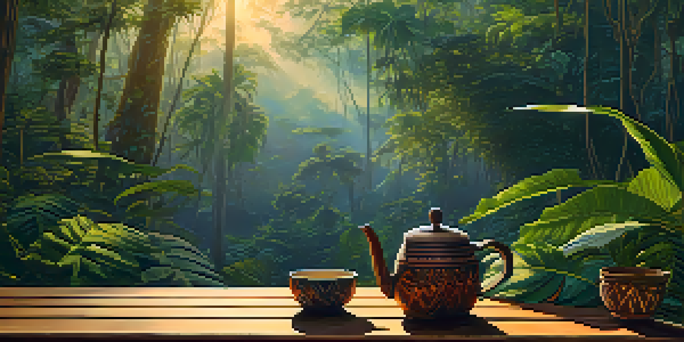 A tranquil scene in the Amazonian jungle at dawn featuring a traditional ayahuasca brew on a wooden table surrounded by lush tropical plants, illuminated by soft sunlight.