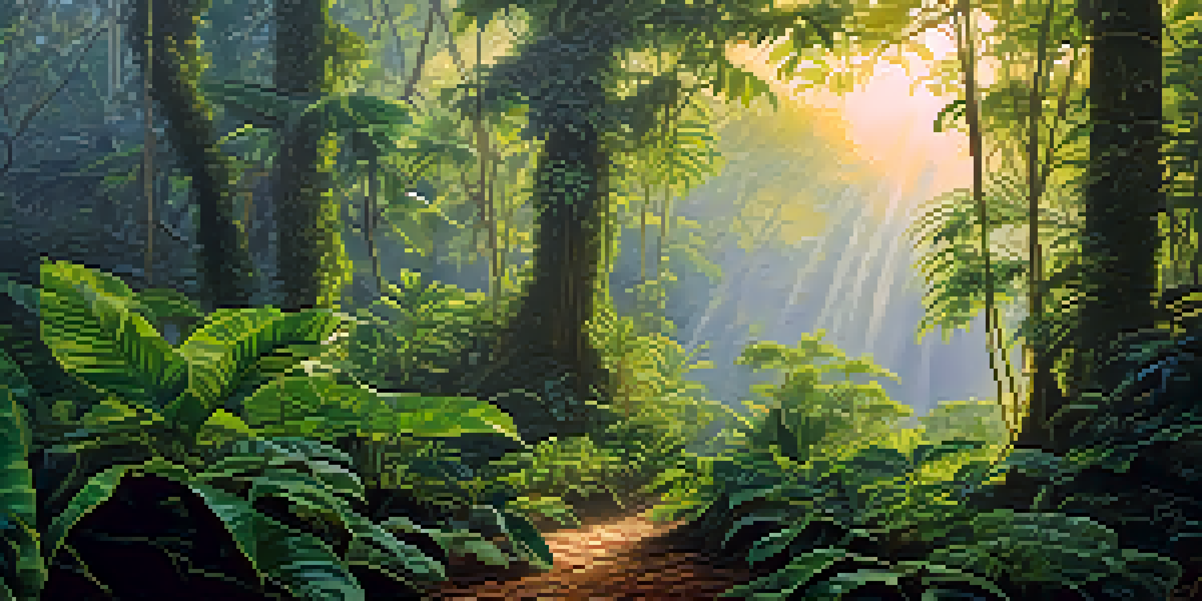 A tranquil Amazon rainforest at dawn with the Banisteriopsis caapi vine surrounded by green leaves and soft sunlight filtering through the trees.