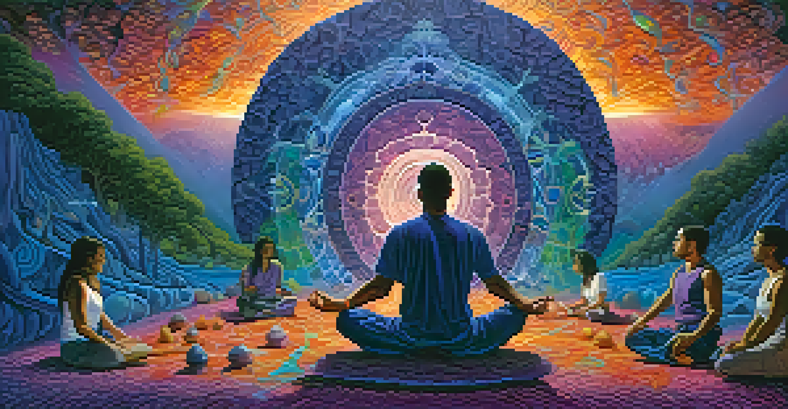 A person meditating surrounded by abstract representations of fears and memories during an Ayahuasca journey.