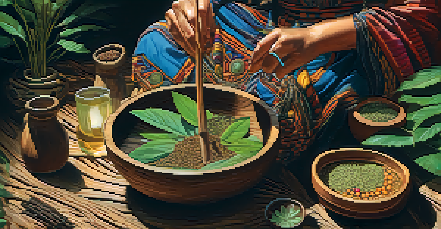 Close-up of a female shaman preparing Ayahuasca in a rustic setting, focusing on her hands and the traditional wooden bowl.