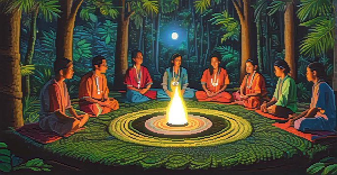 A peaceful Ayahuasca ceremony under the stars with participants sitting in a circle around a shaman, surrounded by lush greenery and soft lantern light.