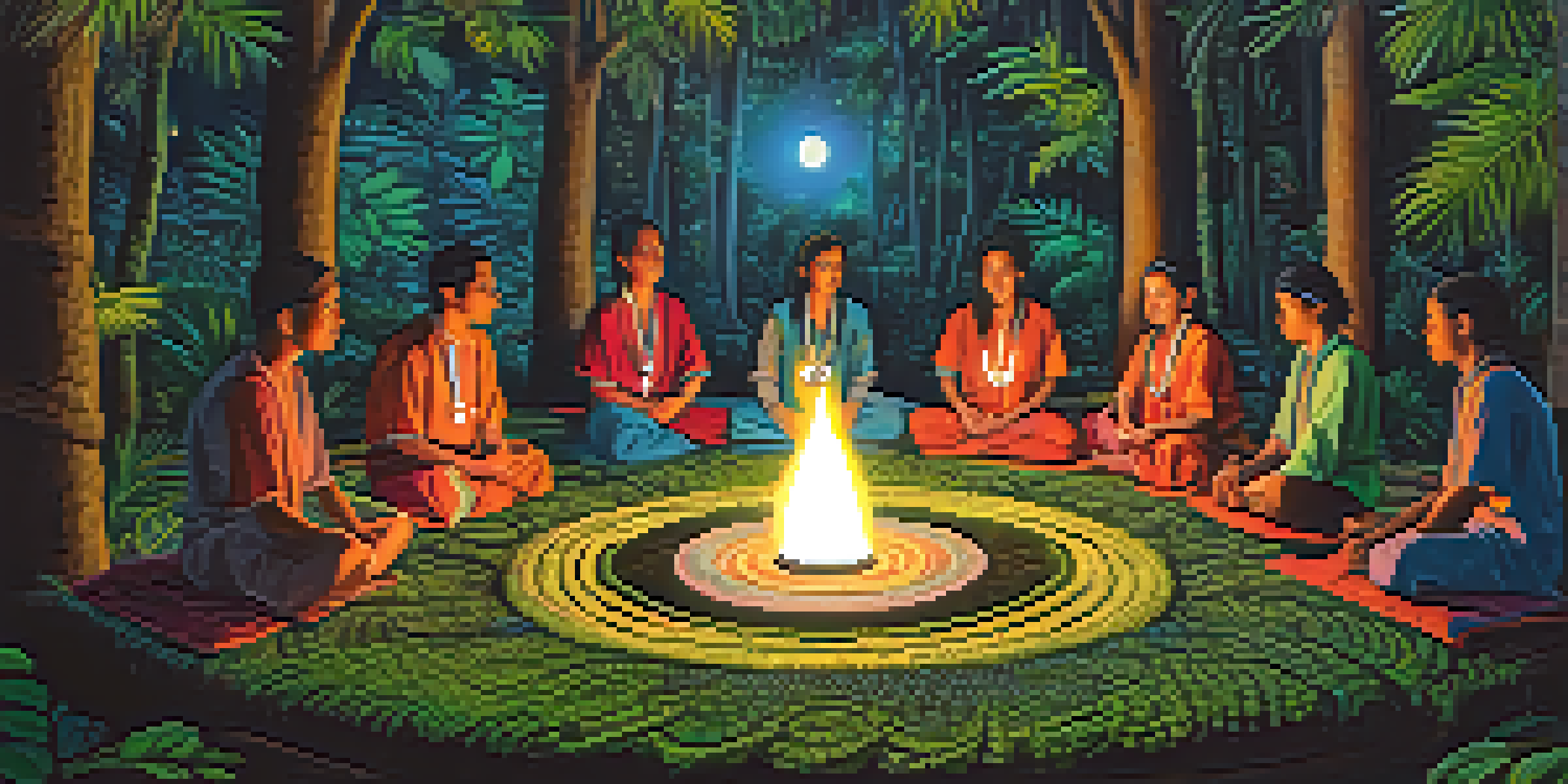 A peaceful Ayahuasca ceremony under the stars with participants sitting in a circle around a shaman, surrounded by lush greenery and soft lantern light.