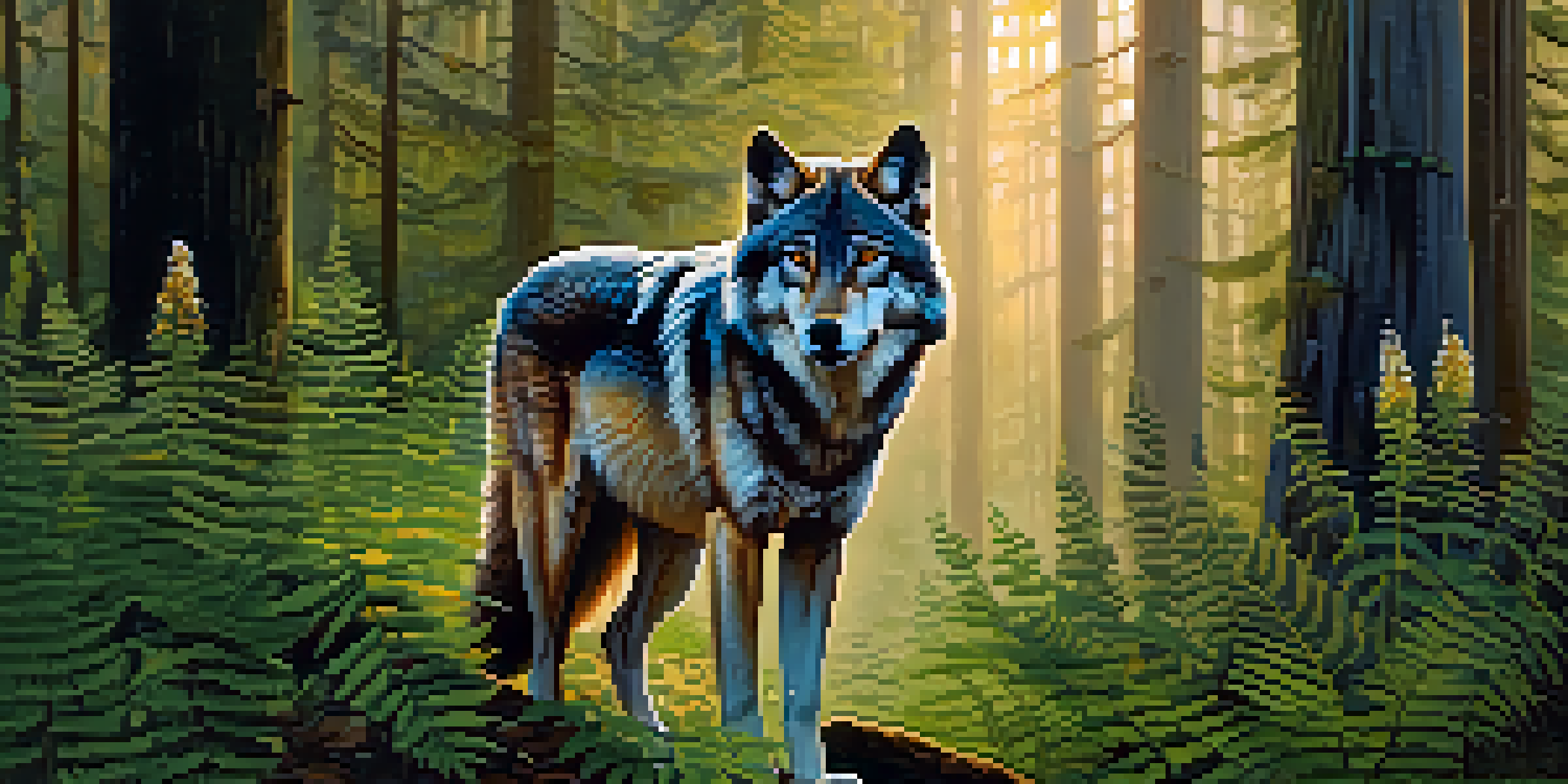 A peaceful forest at dawn with a wolf and butterflies, symbolizing loyalty and transformation.
