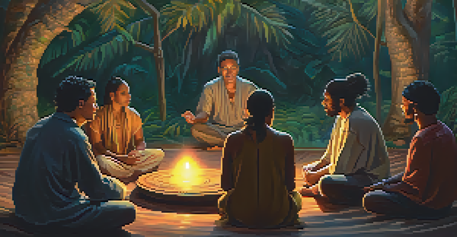 A diverse group of individuals in a circle during an ayahuasca ceremony, guided by a shaman in a warmly lit setting.