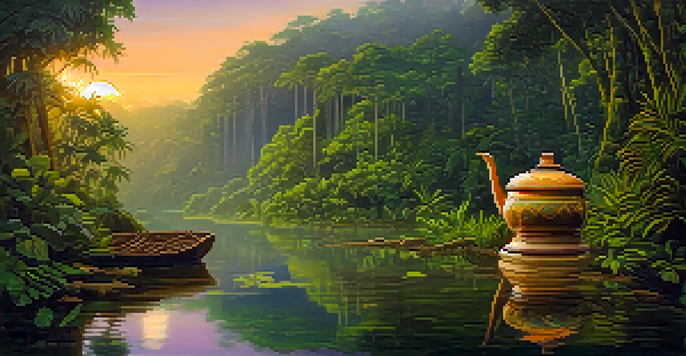 A tranquil Amazon rainforest scene with a river and a traditional ayahuasca brew pot surrounded by indigenous plants, illuminated by soft sunset light.
