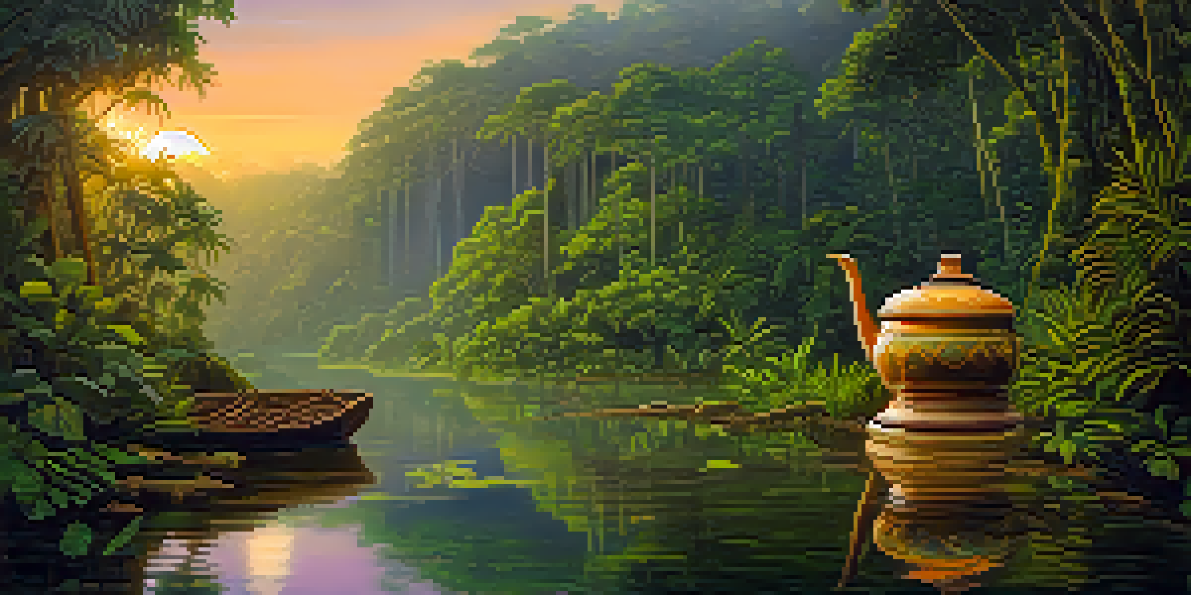 A tranquil Amazon rainforest scene with a river and a traditional ayahuasca brew pot surrounded by indigenous plants, illuminated by soft sunset light.
