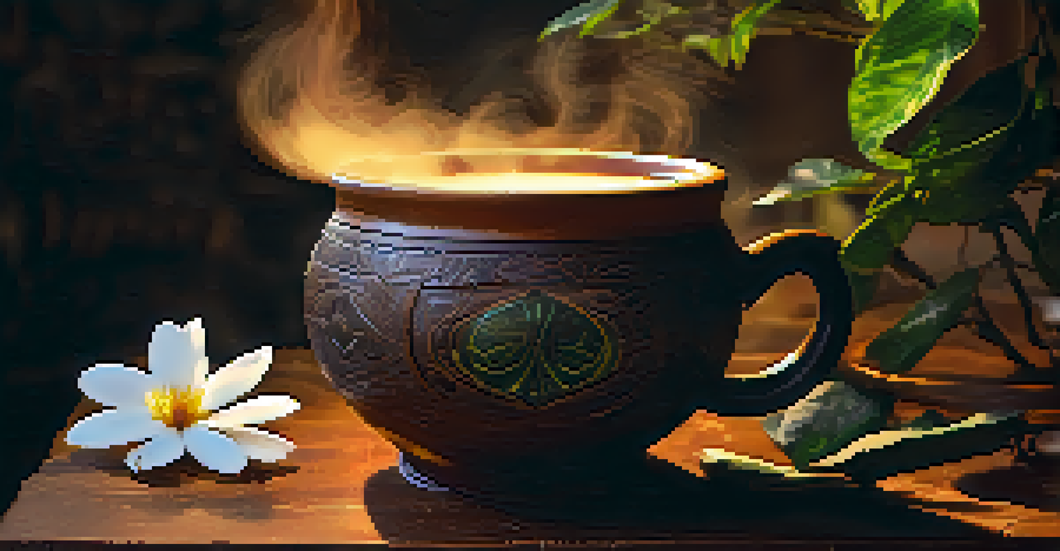 A close-up of Ayahuasca brew in a ceramic cup with steam, surrounded by leaves and flowers in a ceremonial space.