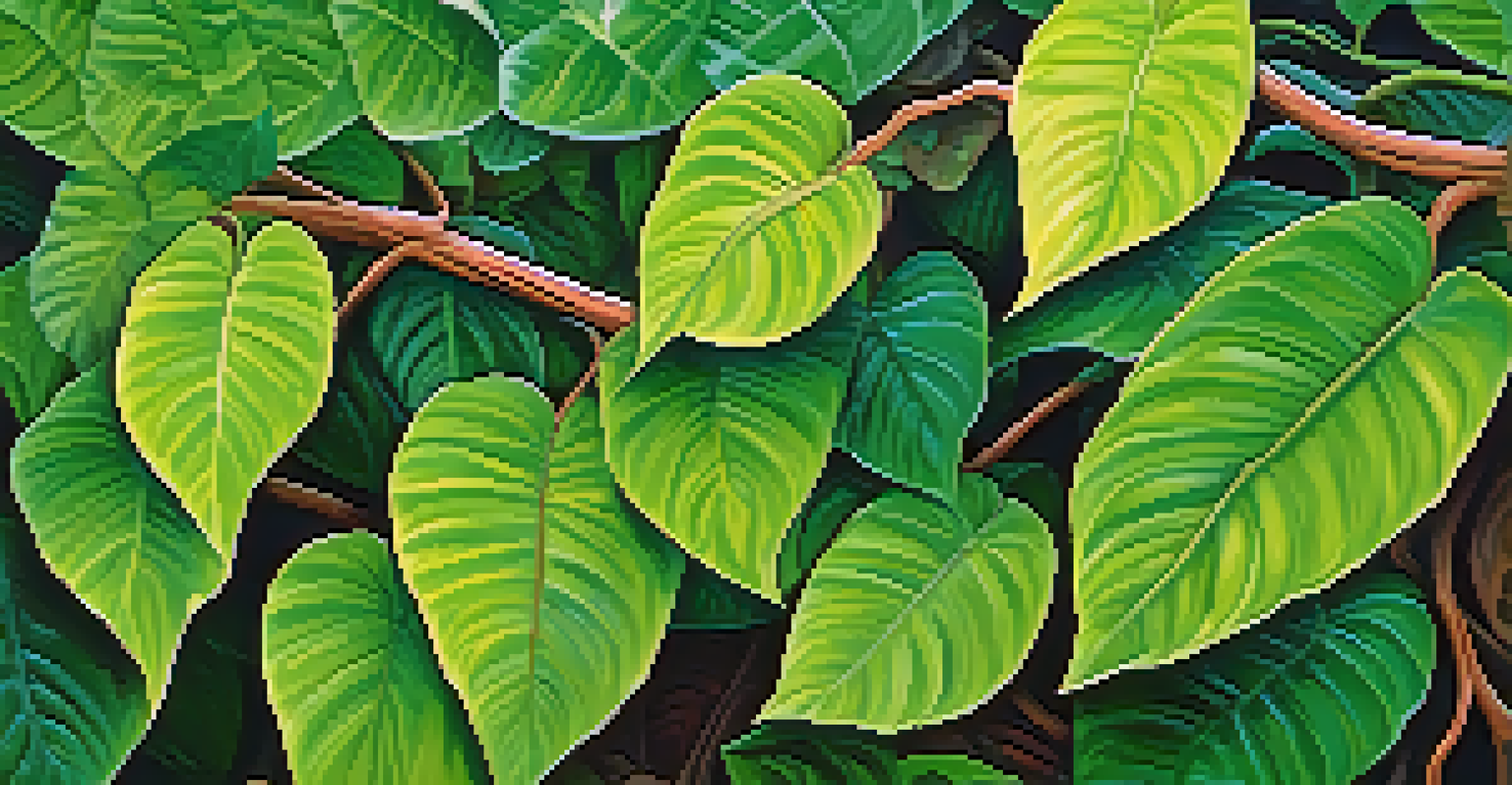 An intricate close-up of Ayahuasca ingredients, highlighting the Banisteriopsis caapi vine and Psychotria viridis leaves in a natural setting.