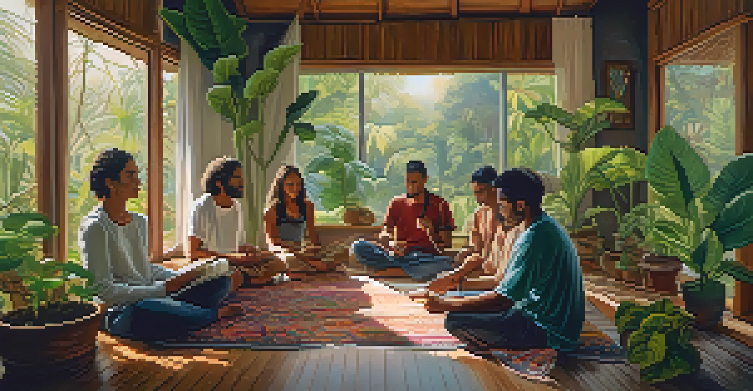 Individuals journaling in a cozy room after an Ayahuasca ceremony, surrounded by plants and natural light.