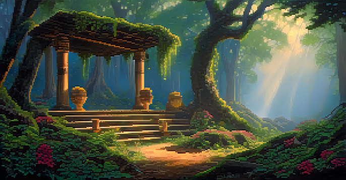 A peaceful forest at dawn with mist, ancient trees, and a small wooden altar decorated with flowers and candles.