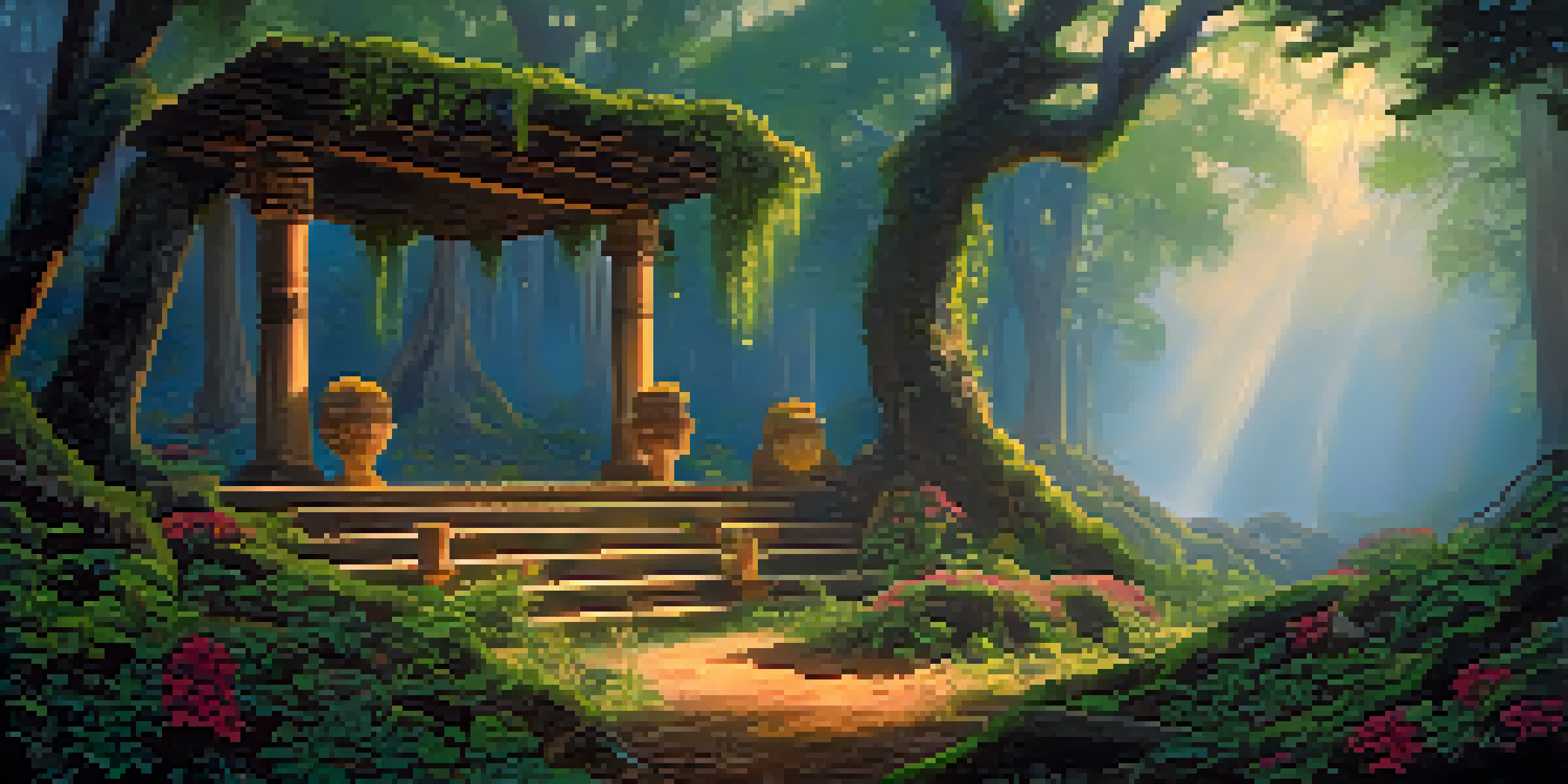 A peaceful forest at dawn with mist, ancient trees, and a small wooden altar decorated with flowers and candles.