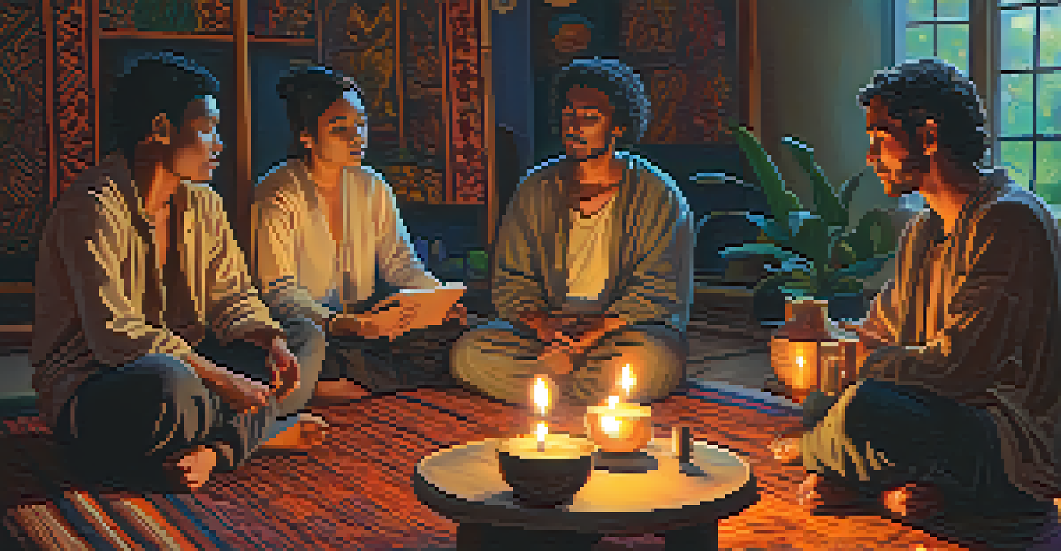 A cozy, candle-lit room where participants are sharing their experiences after an Ayahuasca ceremony, emphasizing community and reflection.