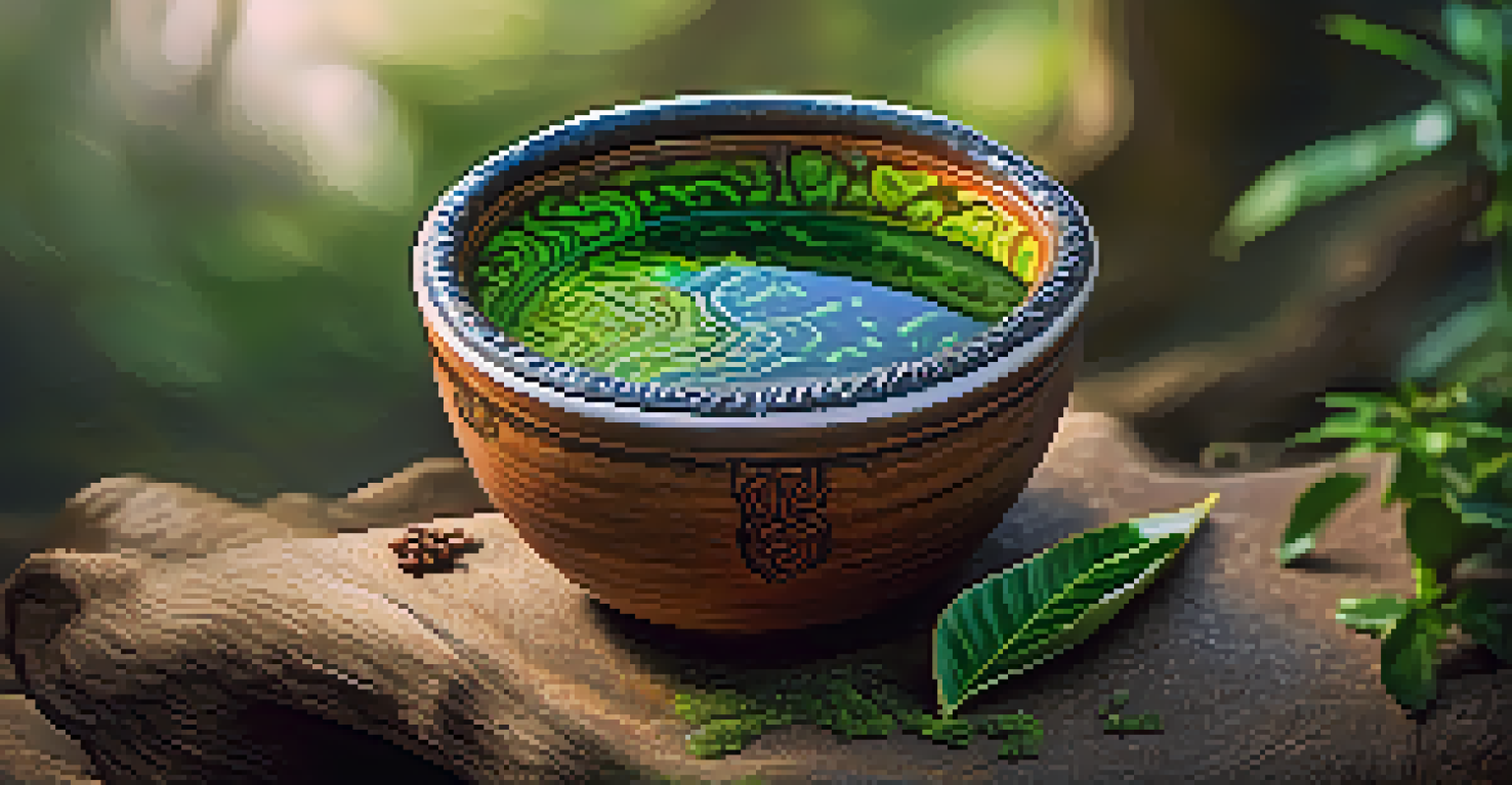 A close-up of Ayahuasca brew in a rustic ceramic cup, with blurred greenery in the background.