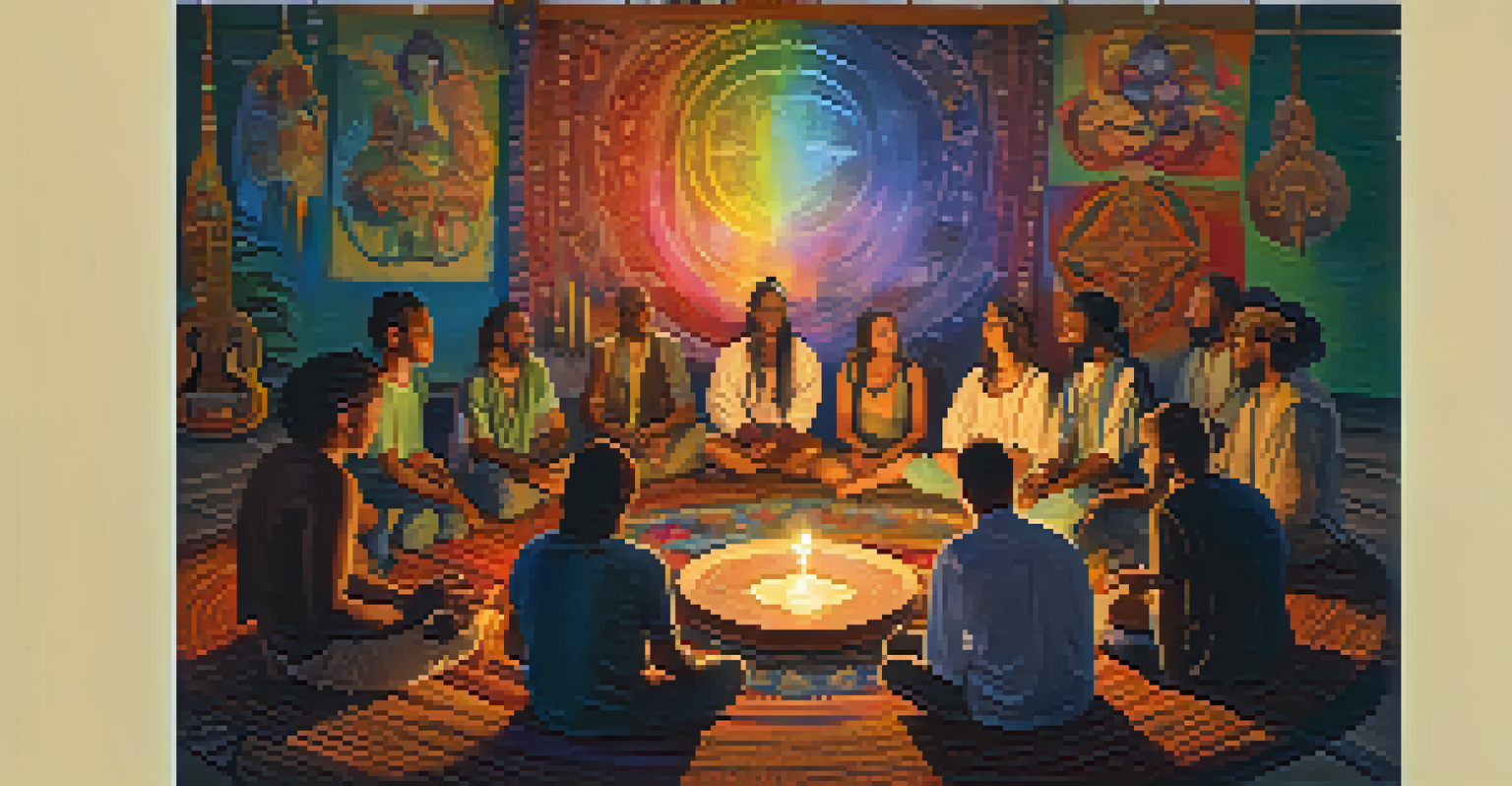 A diverse group of musicians in a circle during an Ayahuasca ceremony, with candles and colorful spiritual symbols in the background.