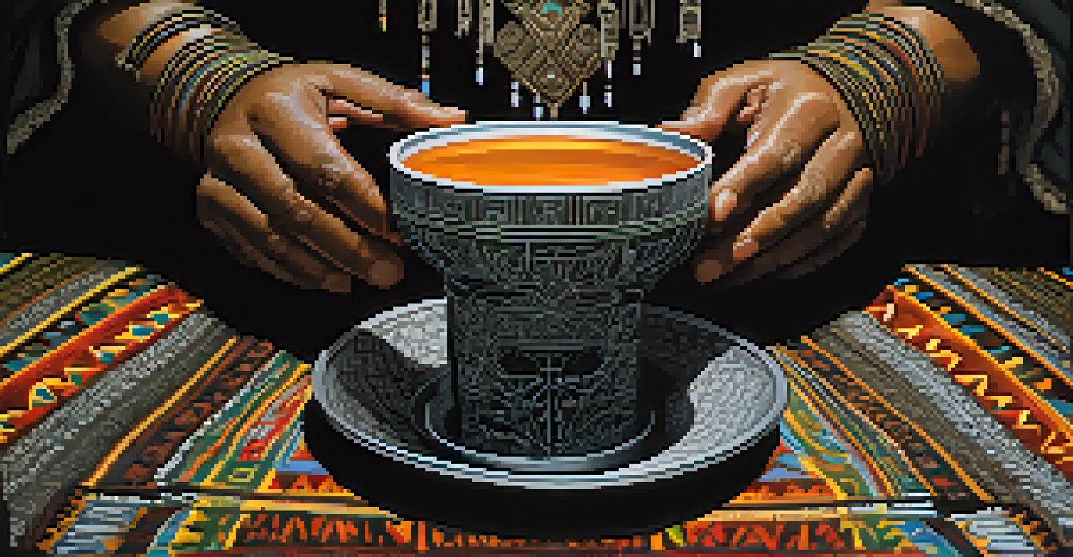 A shaman's hands hold a ceremonial cup of Ayahuasca brew, with traditional symbols and a blurred Amazon rainforest in the background.