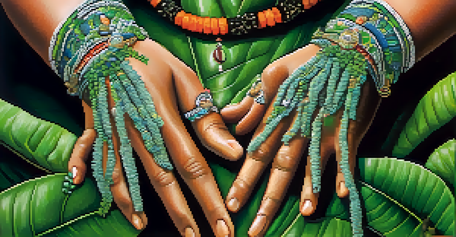 Close-up of a shaman's hands performing a ritual with sacred plants, featuring the Banisteriopsis caapi vine, adorned with traditional jewelry.