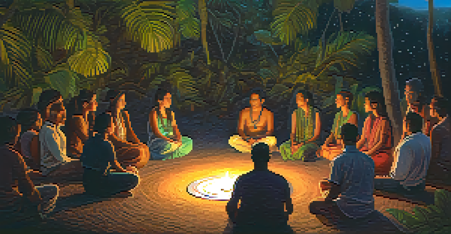 A nighttime Ayahuasca ceremony with participants sitting in a circle, illuminated by candlelight under a starry sky.