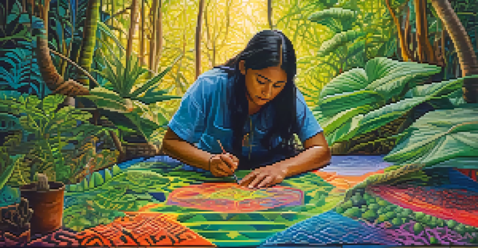 An Indigenous artist painting a colorful canvas inspired by Ayahuasca experiences, surrounded by lush plants and sunlight filtering through the trees.