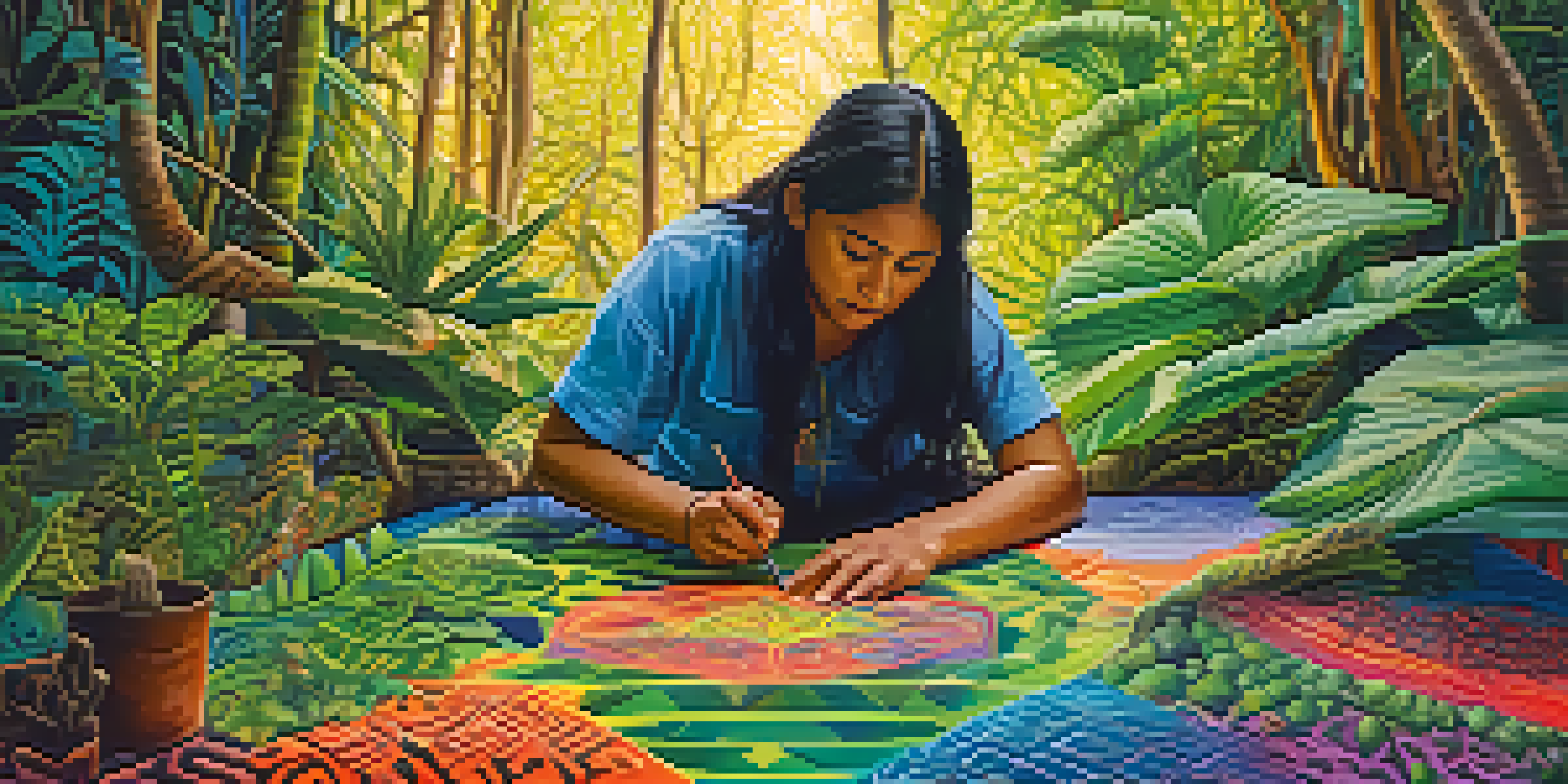 An Indigenous artist painting a colorful canvas inspired by Ayahuasca experiences, surrounded by lush plants and sunlight filtering through the trees.