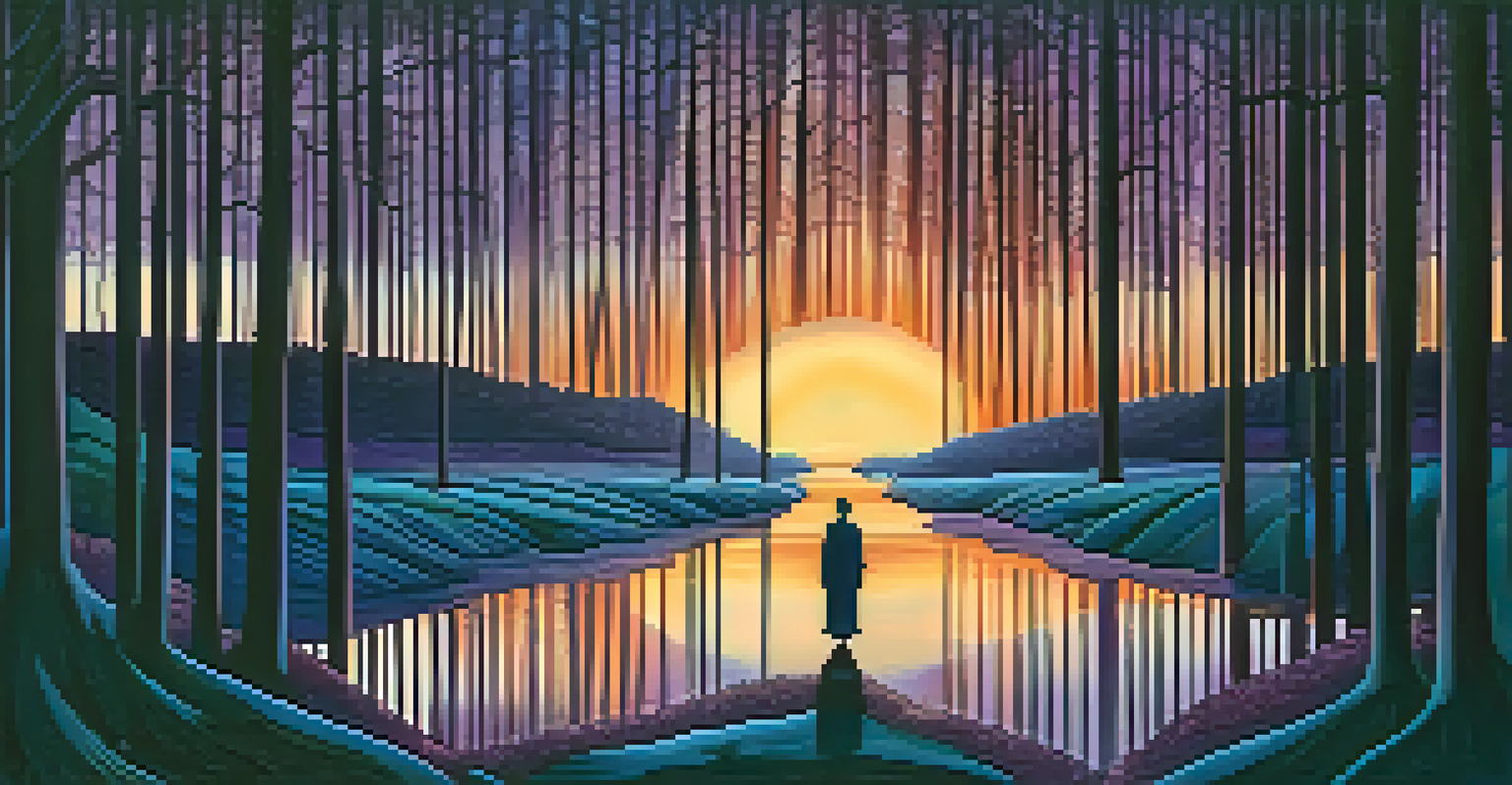 An abstract image of a figure standing at the edge of a dark forest, facing swirling colors and shapes representing fears, with a gradient background transitioning from dark to light.