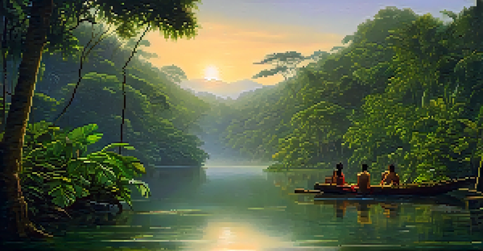 A peaceful Amazonian landscape at dawn with lush green foliage, a tranquil river, and a traditional Ayahuasca brew preparation scene on a wooden table.