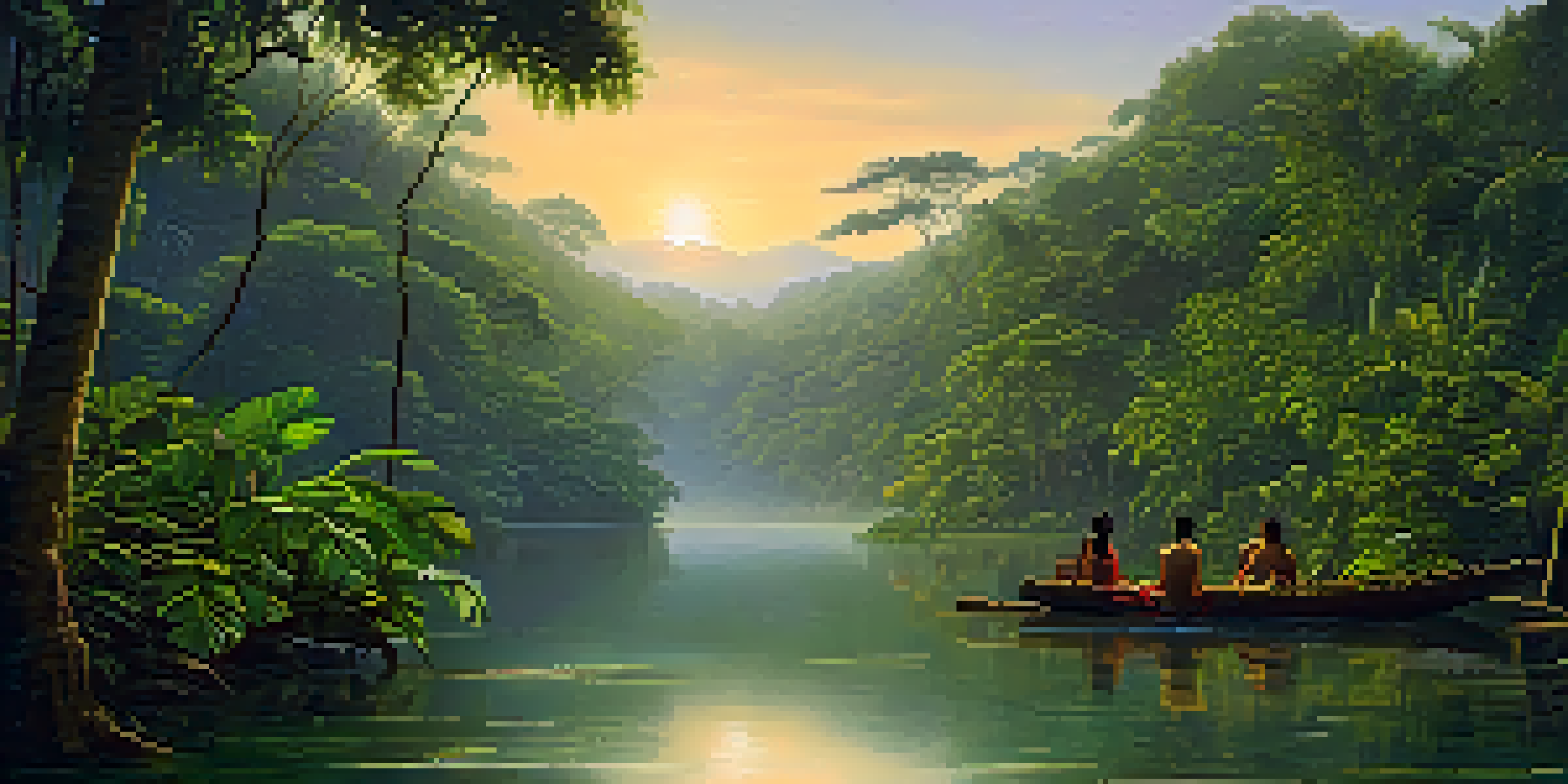 A peaceful Amazonian landscape at dawn with lush green foliage, a tranquil river, and a traditional Ayahuasca brew preparation scene on a wooden table.
