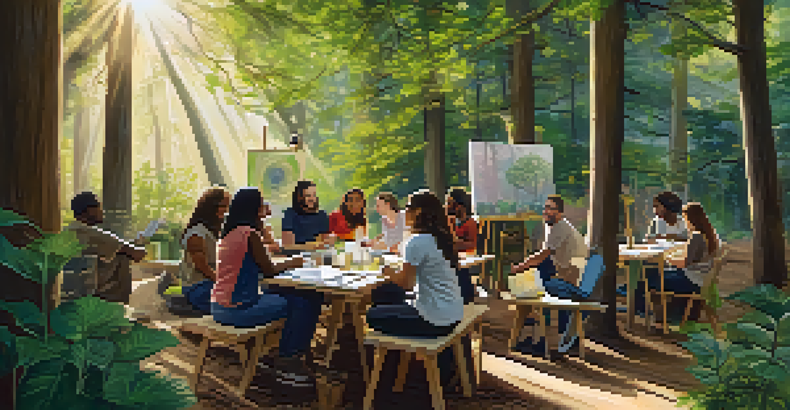 Participants in a community workshop about sustainability at an outdoor ayahuasca retreat, surrounded by trees and sharing ideas.