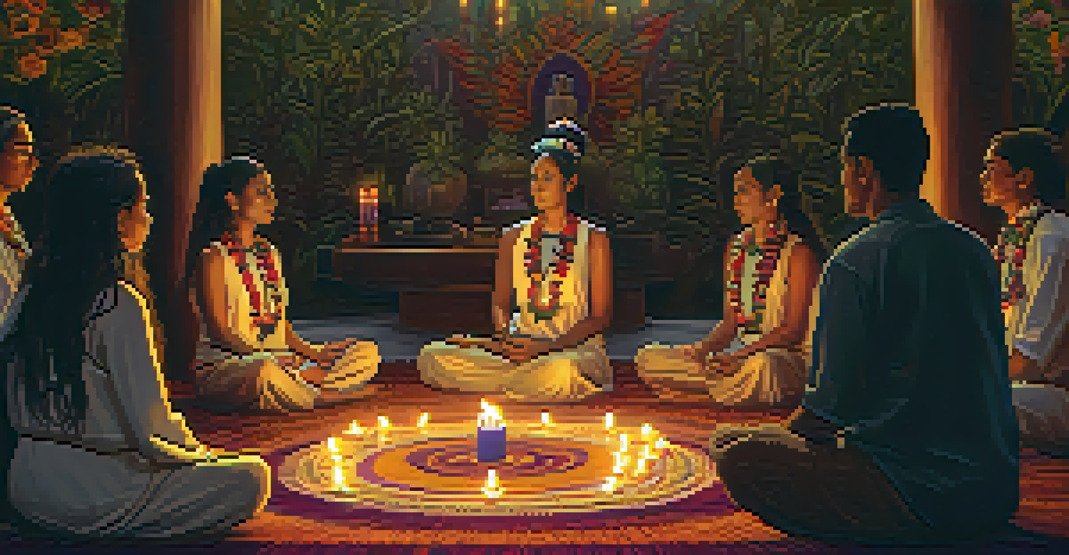 An intimate ayahuasca ceremony with participants in a circle around an altar, filled with flowers and candles, in a warm, dimly lit room.