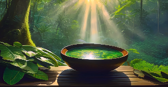 A peaceful scene in the Amazon rainforest at dawn, with mist, green leaves, and a bowl of Ayahuasca brew.
