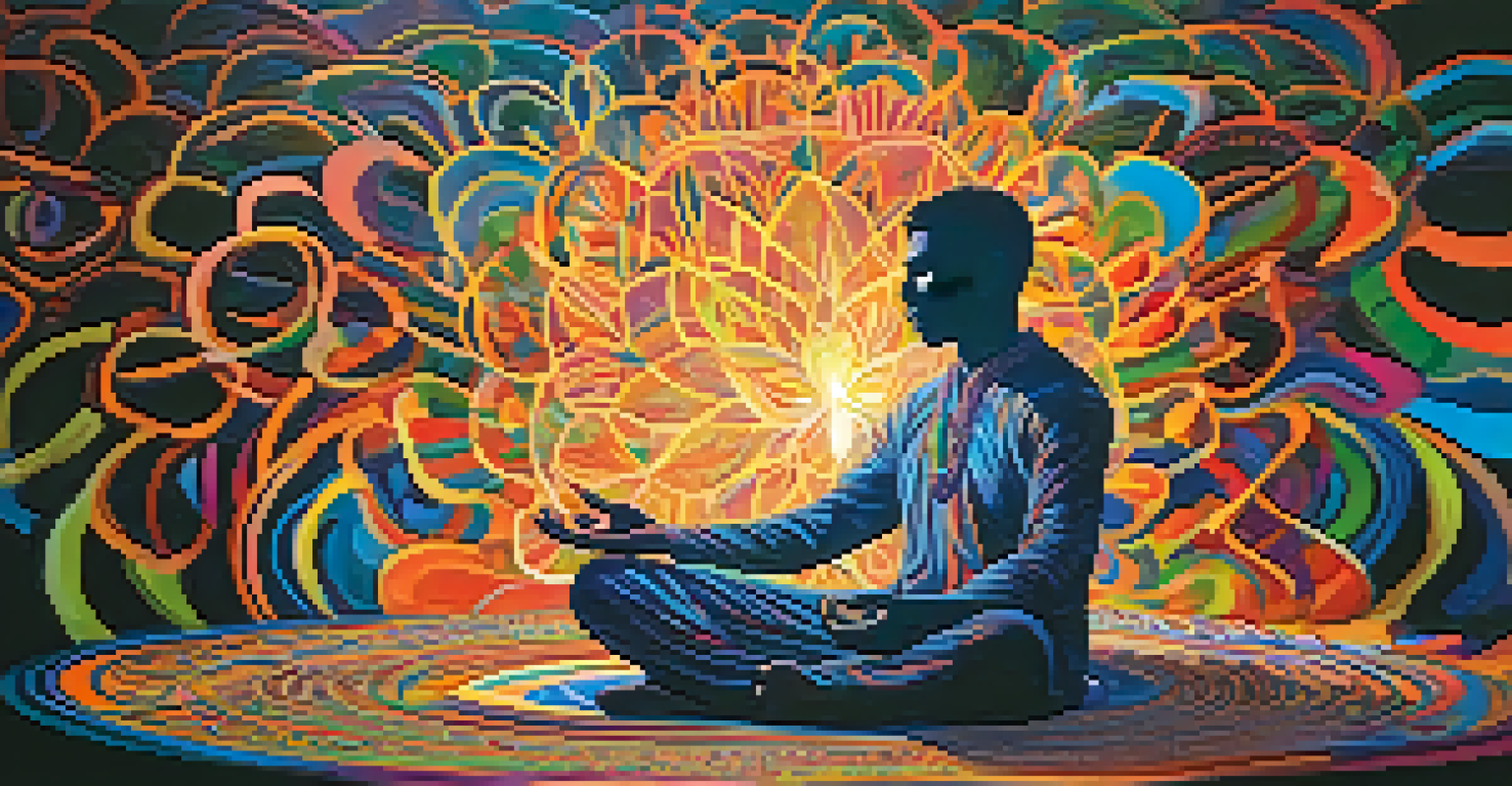 An abstract illustration of a person meditating surrounded by colorful swirling patterns, symbolizing the transformative journey of Ayahuasca.