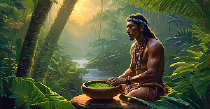 An indigenous shaman preparing ayahuasca in the Amazon rainforest at dawn, surrounded by mist and lush greenery.