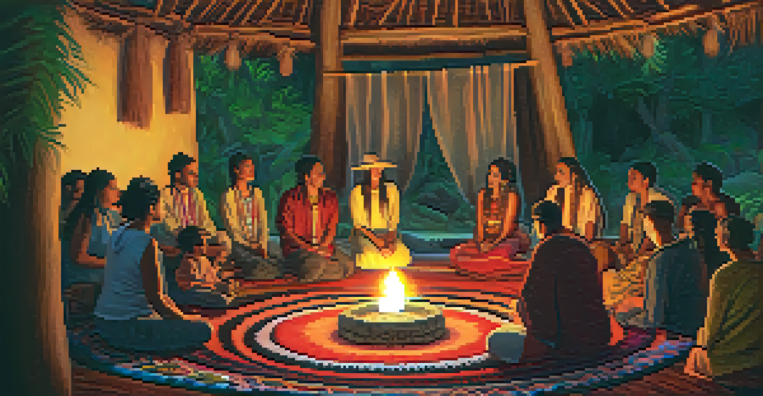 Participants in an ayahuasca ceremony sitting in a circle, guided by a shaman in a candle-lit space.