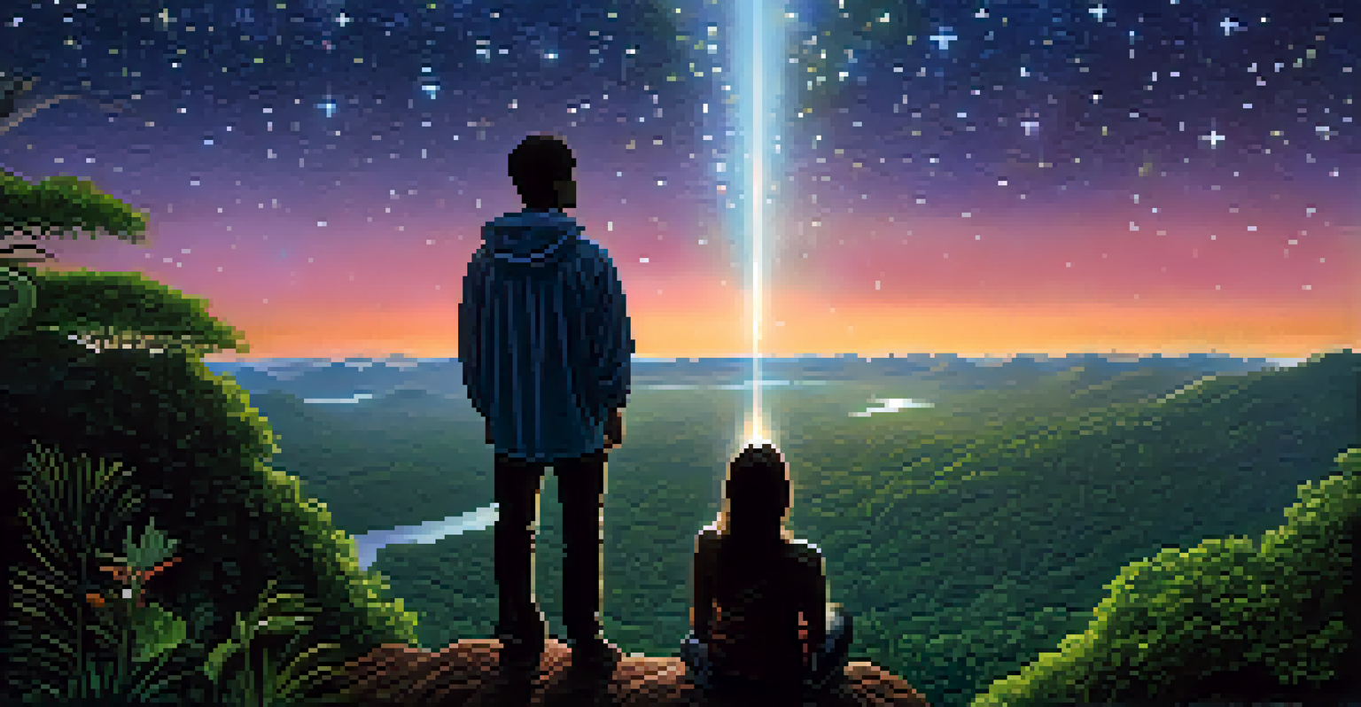 A silhouette of a person on a hilltop under a starry night sky, gazing over a vast Amazon rainforest, symbolizing unity with nature.