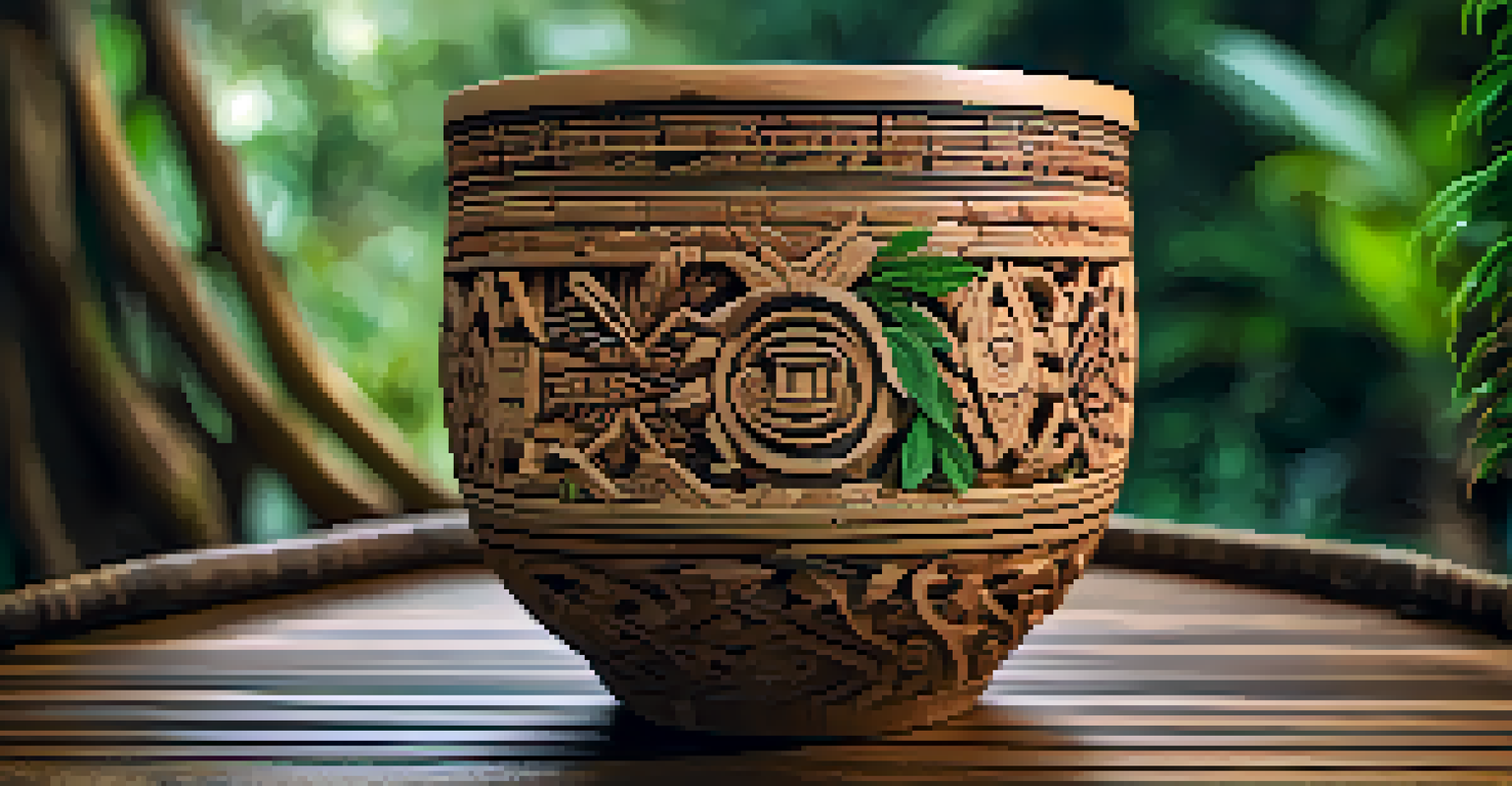 A detailed close-up of an intricately carved ayahuasca ceremonial cup on a wooden surface with blurred greenery in the background.